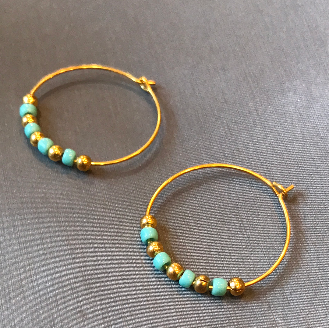 Gold-Plated Turquoise Beaded Hoop Earrings