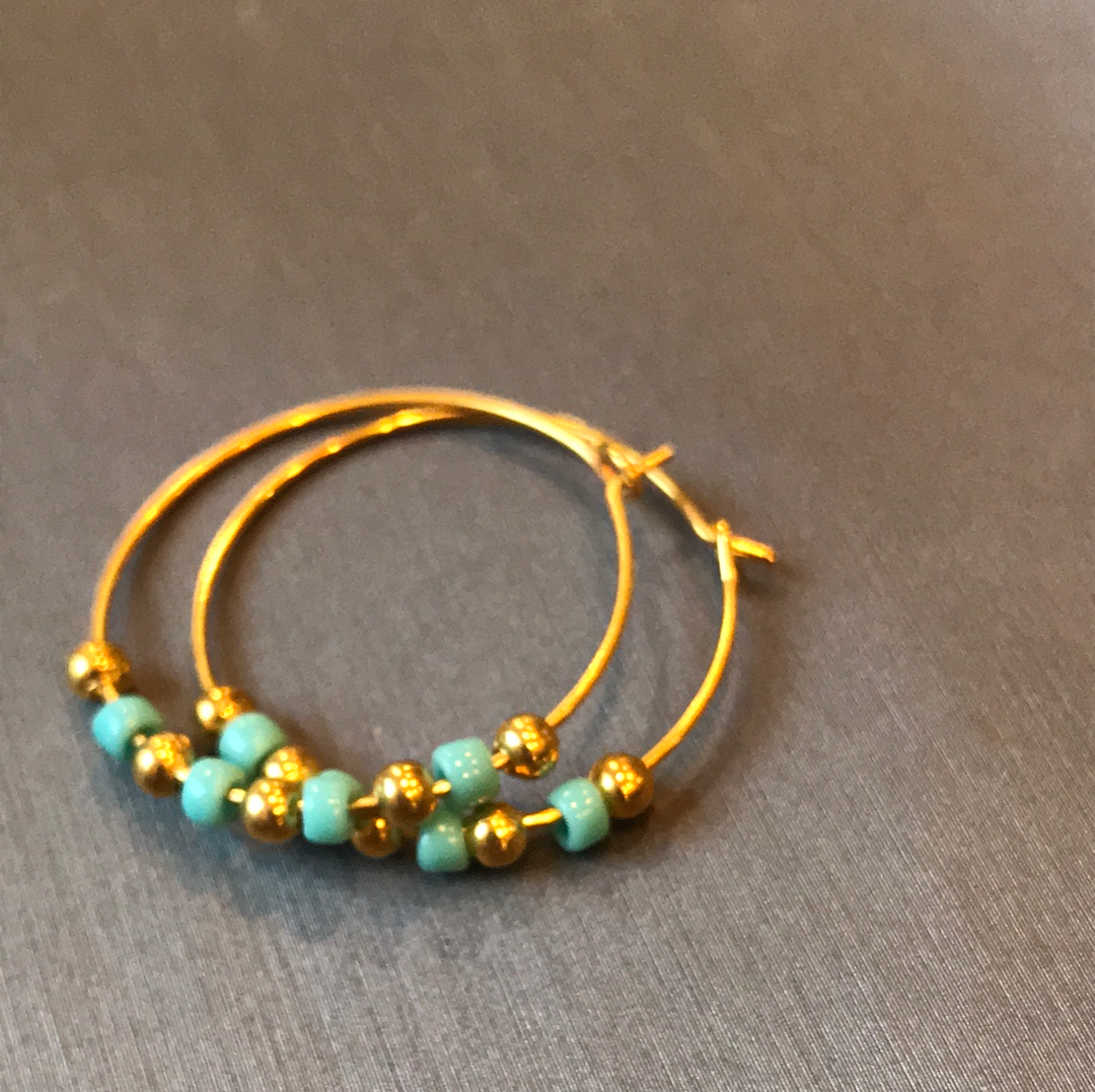 Gold-Plated Turquoise Beaded Hoop Earrings