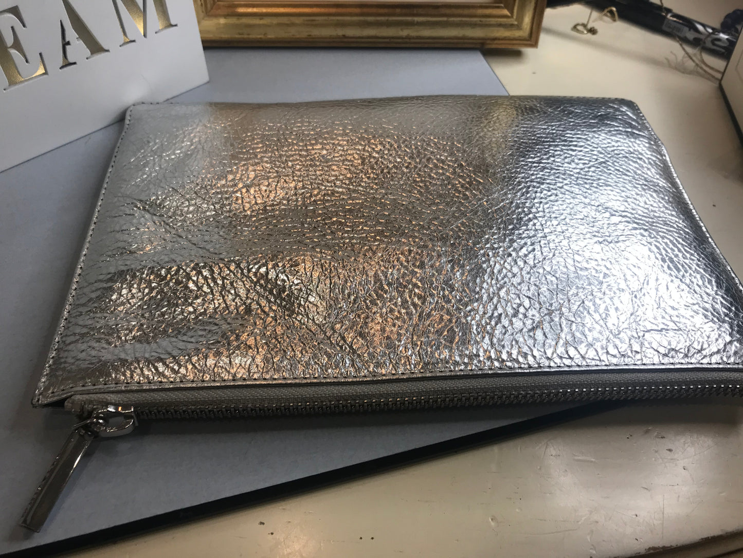 Whistles Silver Leather Zip Clutch