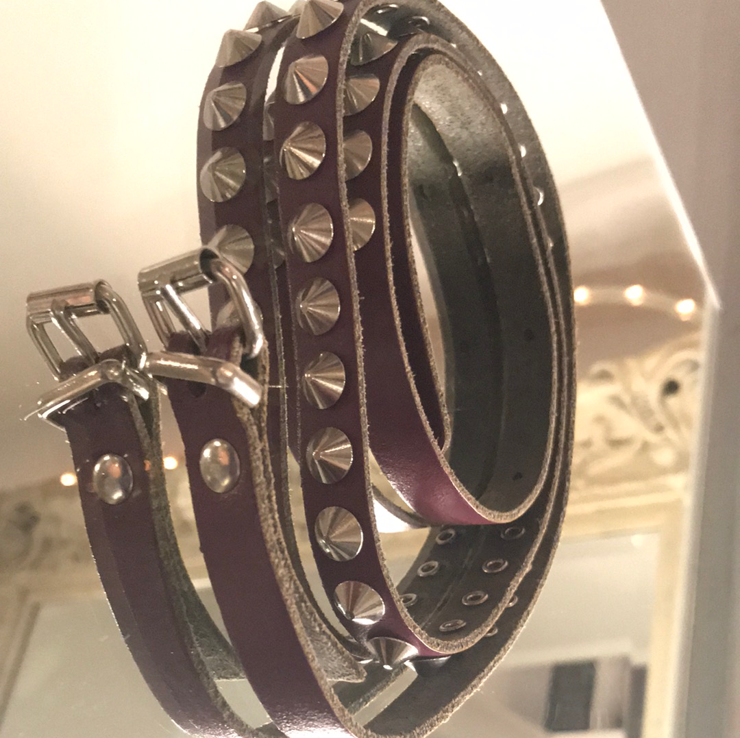 Burgundy Leather Slim Silver Stud Belt