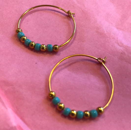 Gold-Plated Turquoise Beaded Hoop Earrings
