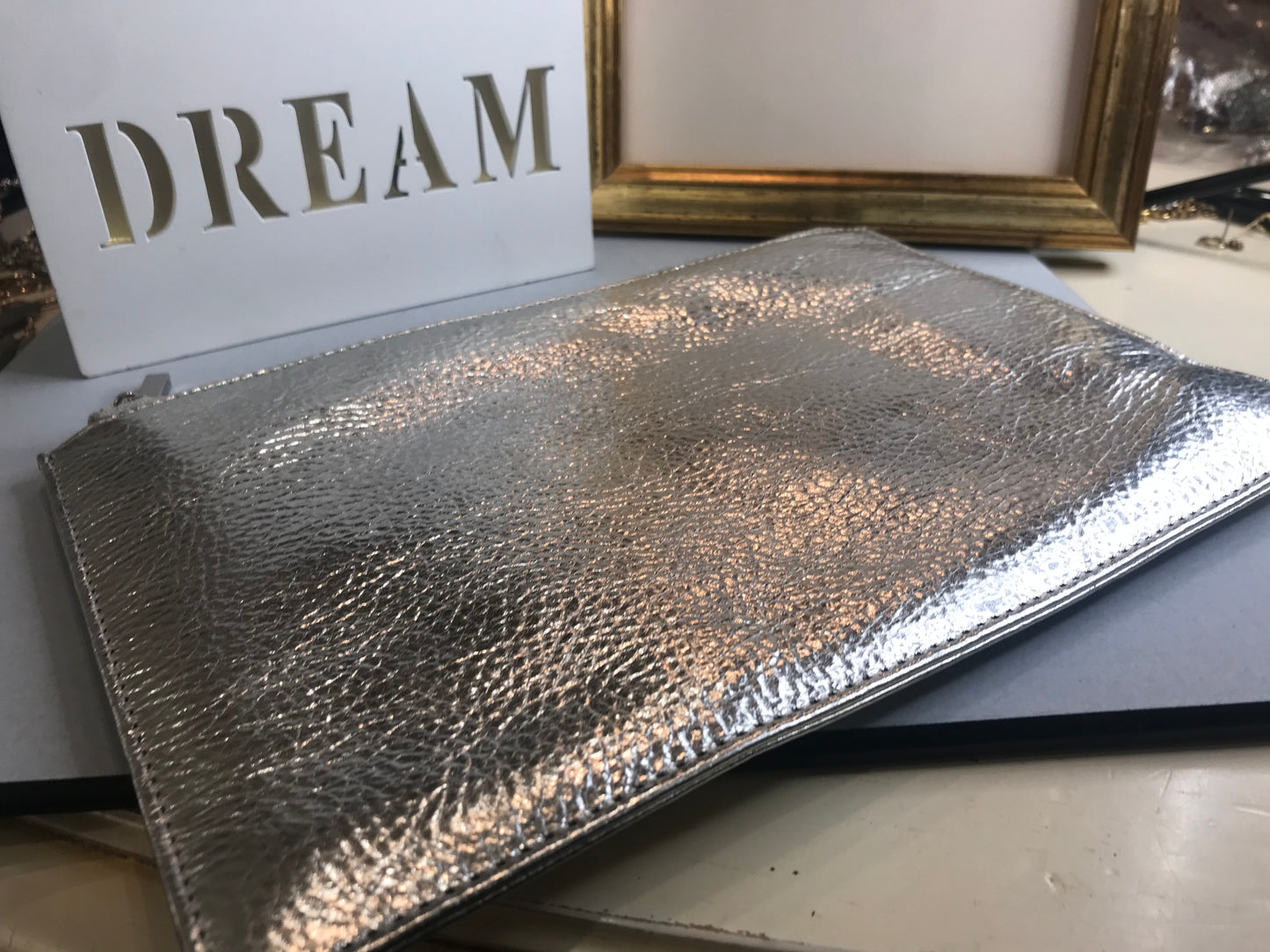 Whistles Silver Leather Zip Clutch
