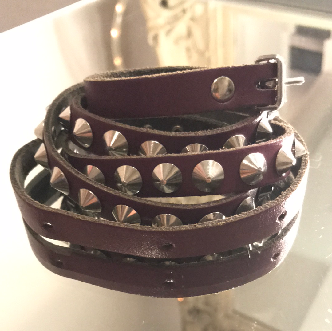 Burgundy Leather Slim Silver Stud Belt