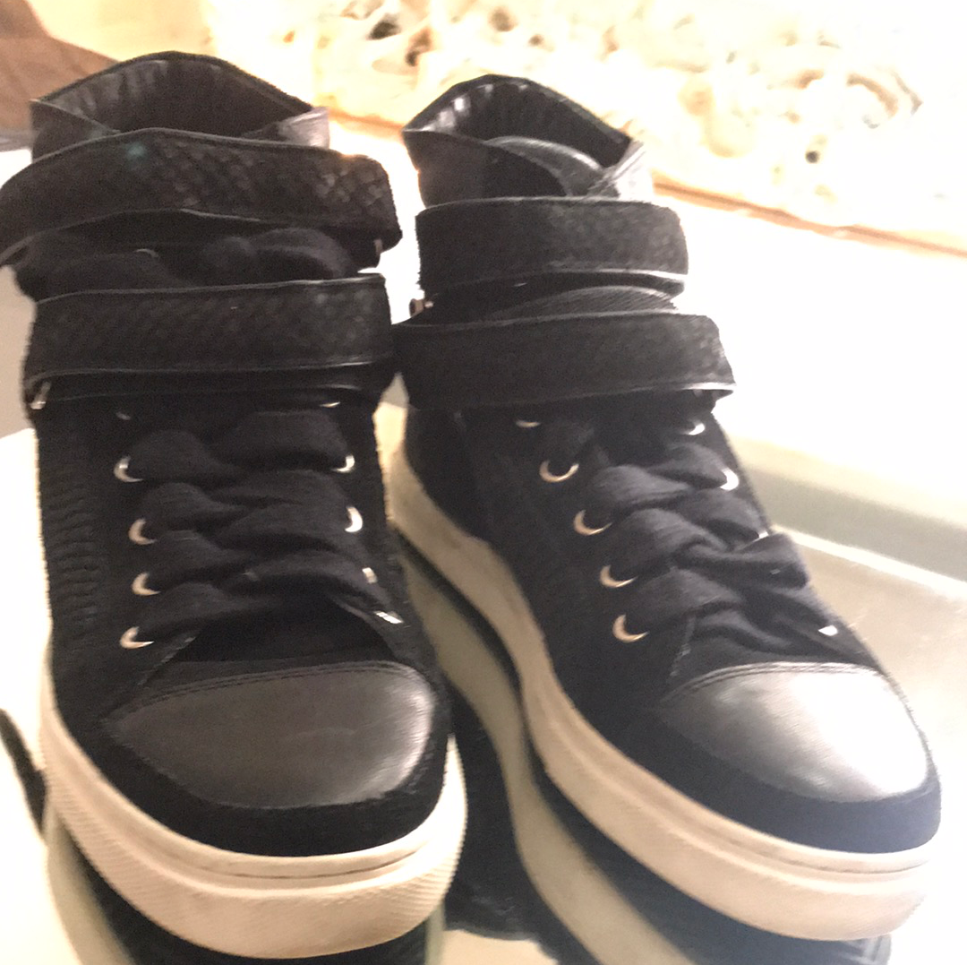 MAJE Black Leather & Suede Hi-Top Trainers (size 40)