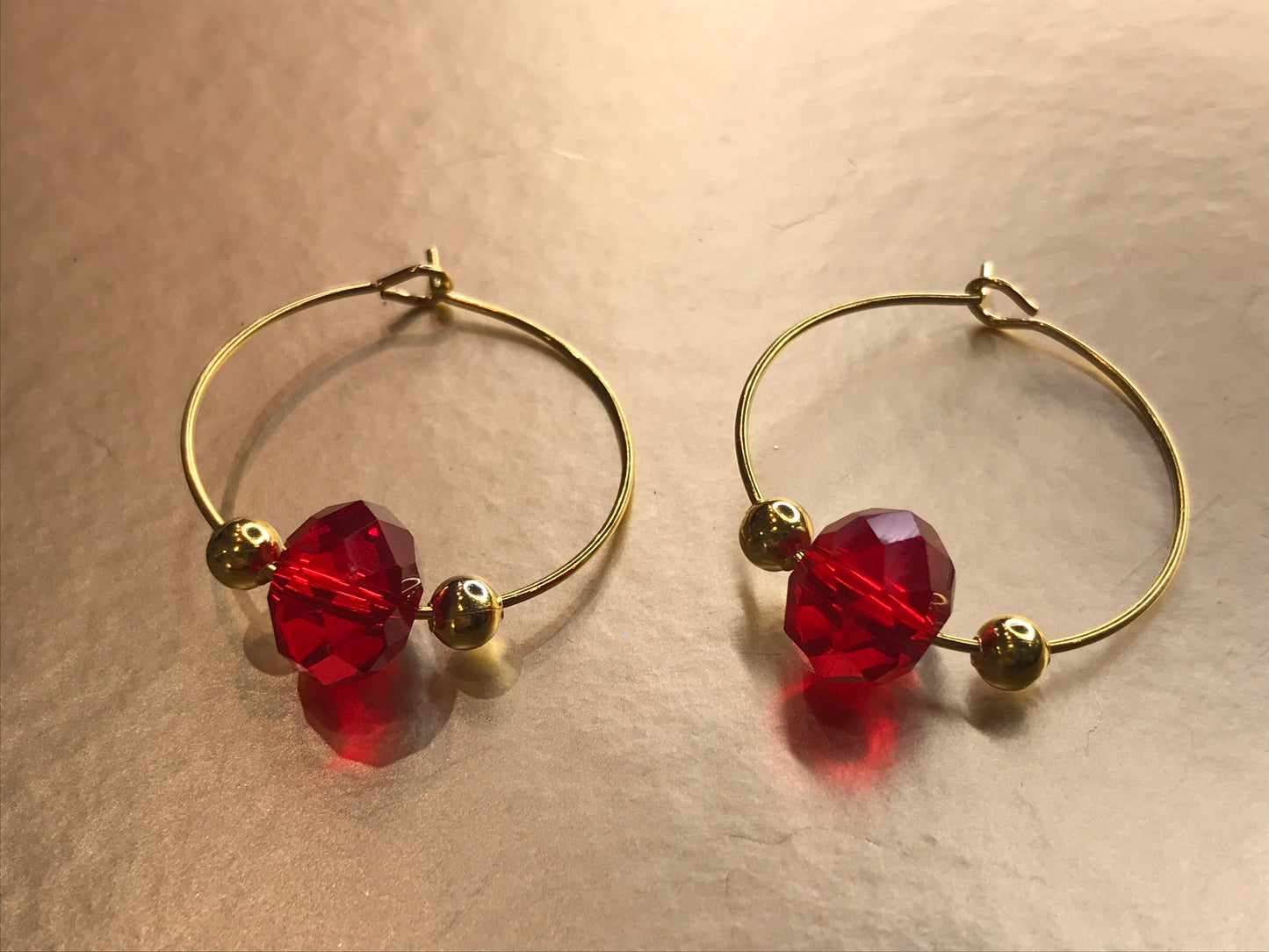 Gold-Plated Red Drop Hoop Earrings