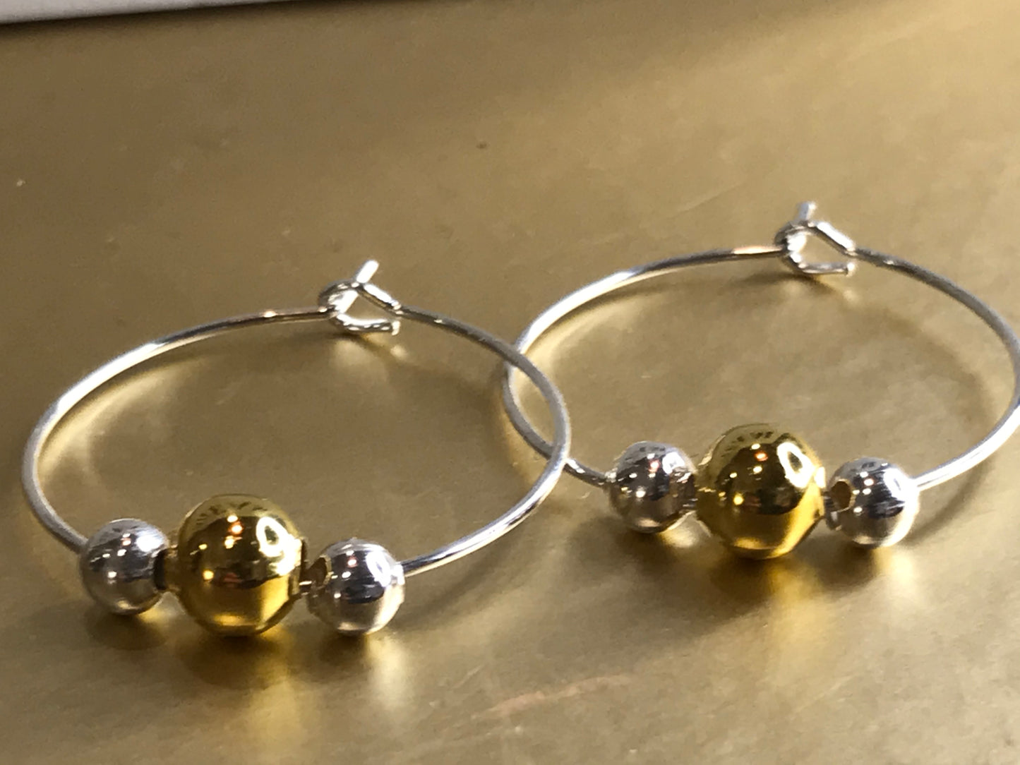 Triple Bead Silver and Gold Hoop Earrings