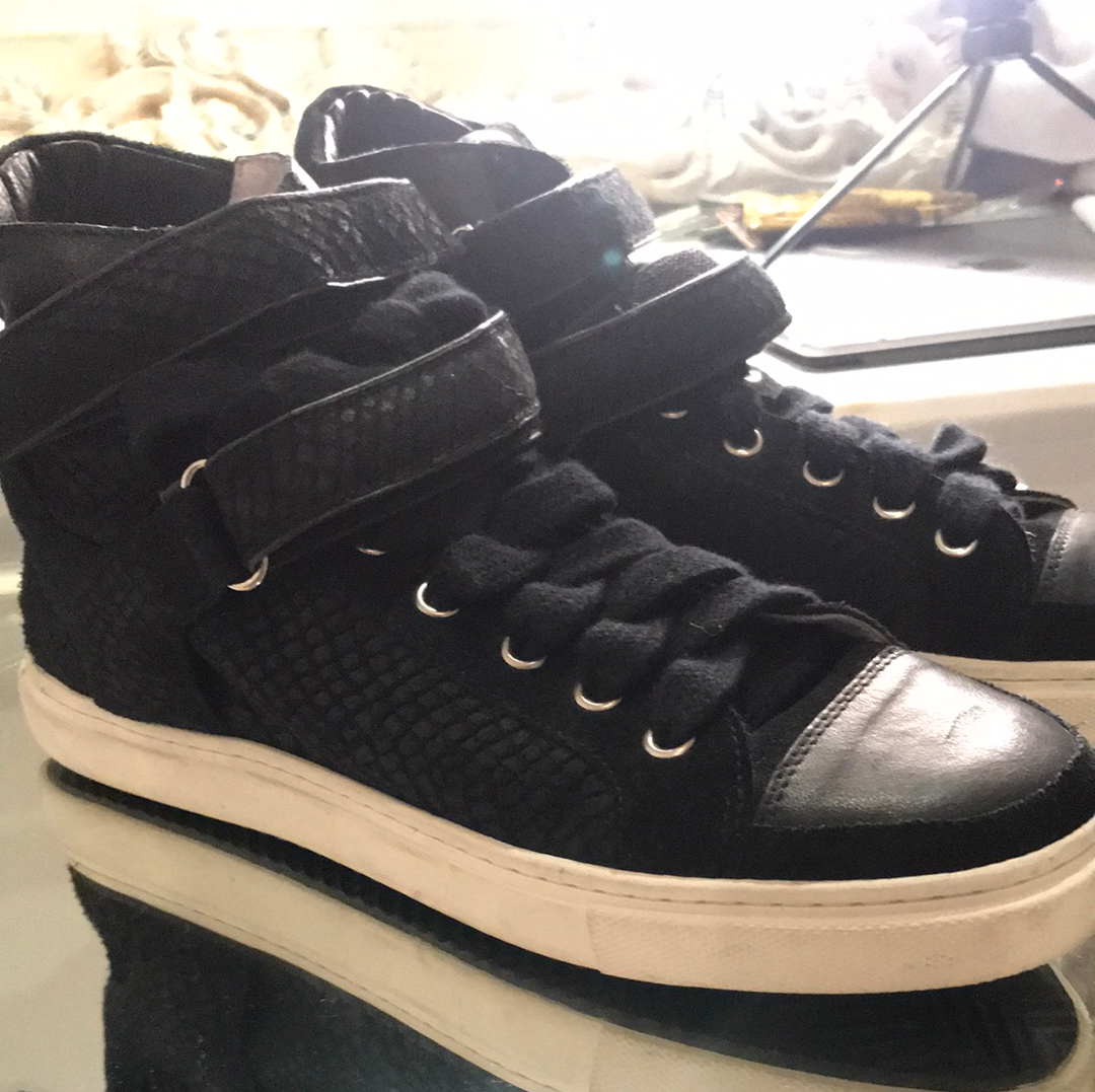 MAJE Black Leather & Suede Hi-Top Trainers (size 40)